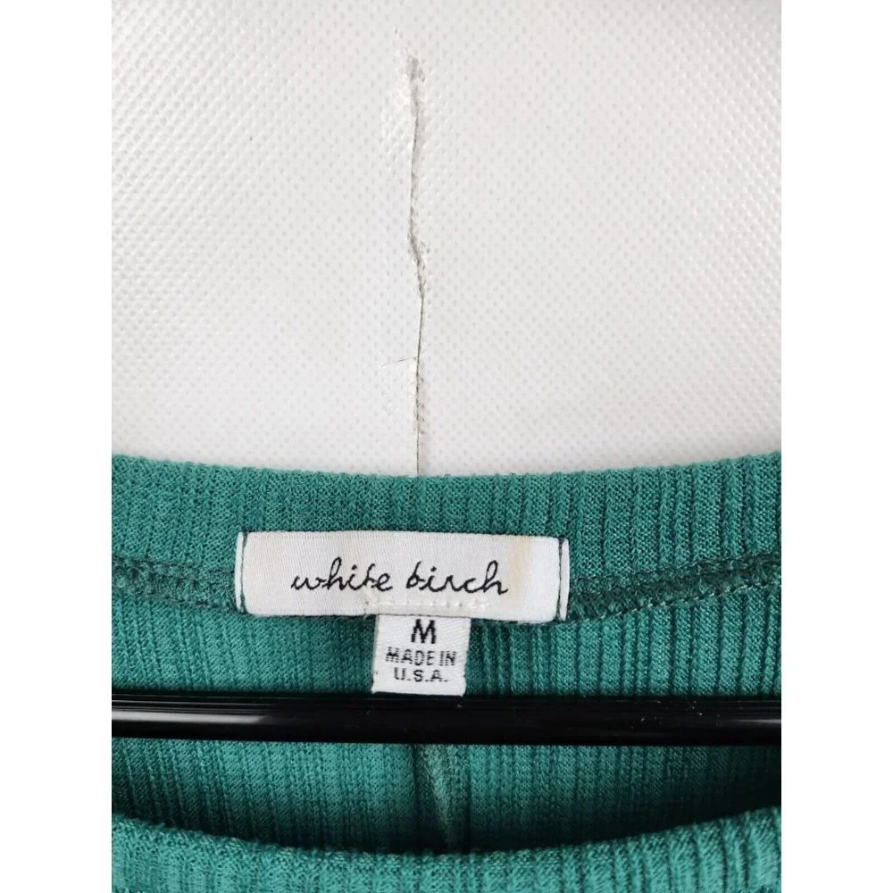 White Birch Green Floral Puff Sleeve Ribbed Knit BOHO Tunic Top Medium - Picture 3 of 8